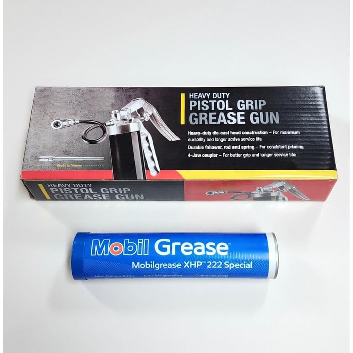 Grease Gun and Grease Tube Bundle. (This is an representation of a Pistol Grip Grease gun. You may receive a different box)  