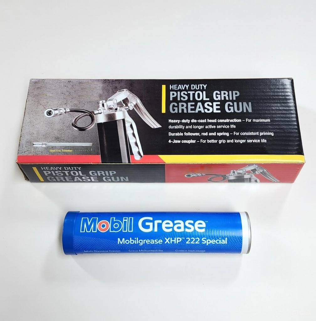 Grease Gun and Grease Tube Bundle. (This is an representation of a Pistol Grip Grease gun. You may receive a different box)  