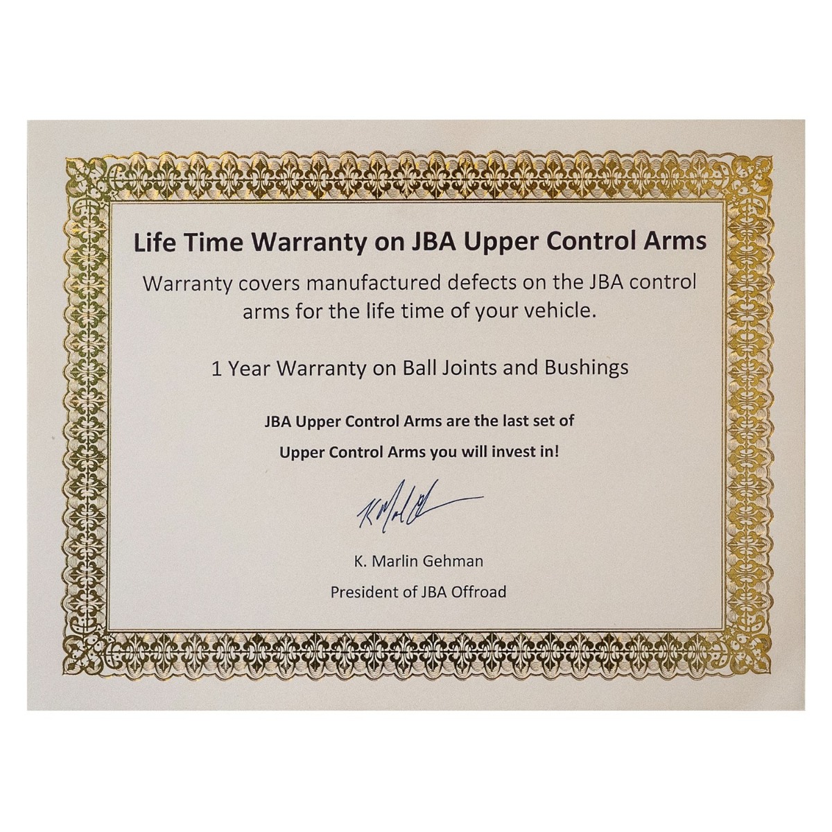 JBA Offroad Warranty Card