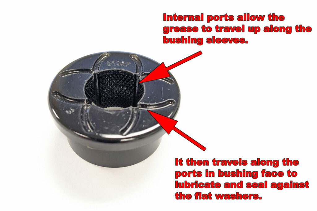 Ports in the bushings allow the grease to move freely along the bushing allowing you to lubricate the bushing and flush out old dirty grease.